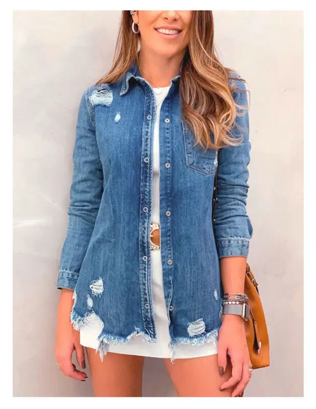 Autumn Women Ladies Ripped Button Oversized Denim Jacket Jeans Coat Boyfriends Overcoat Slim Blazer Vintage Washed Plus Size | Женская