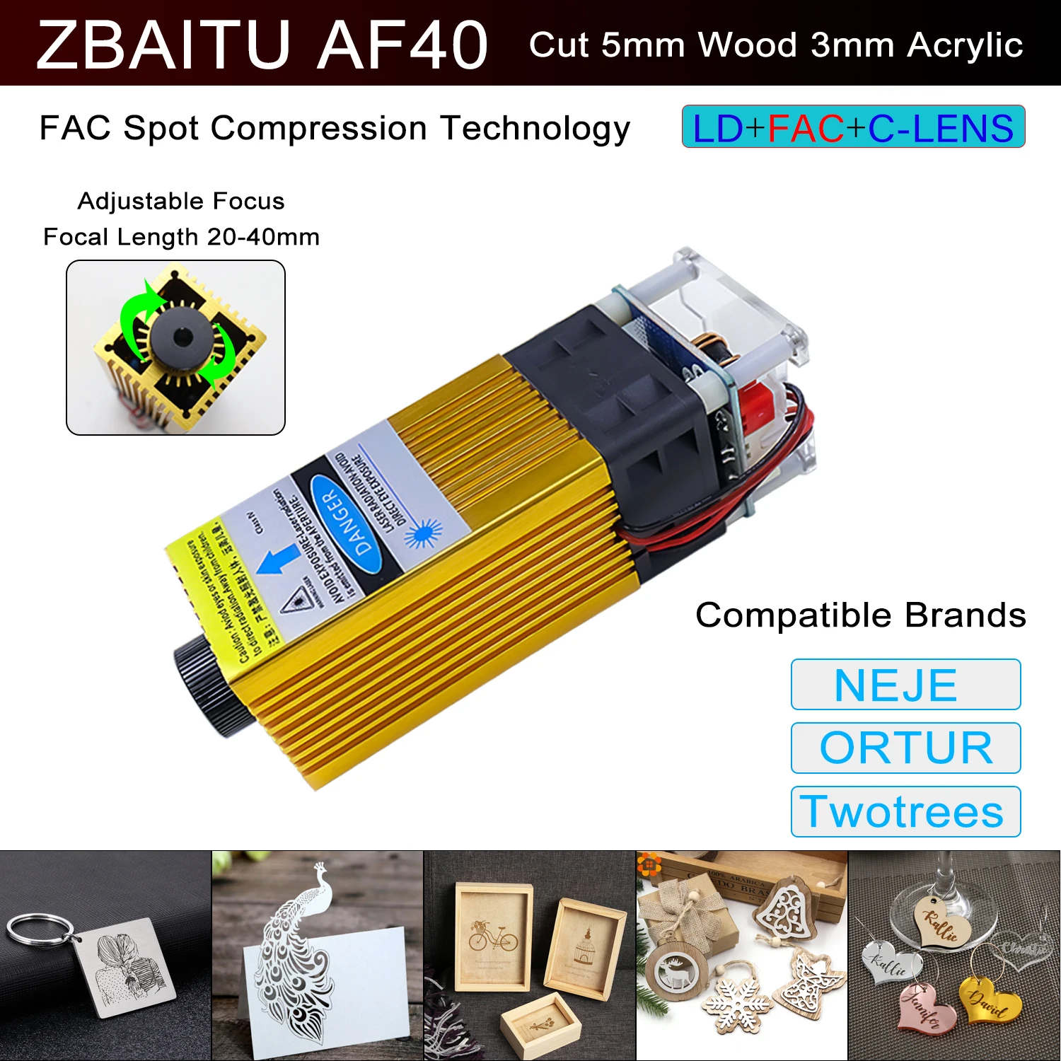 

Головка лазерного модуля TTL мощностью 40 Вт, режущая гравировка высокой мощности для ЧПУ, регулируемый фокус 0,08 мм, точность FAC