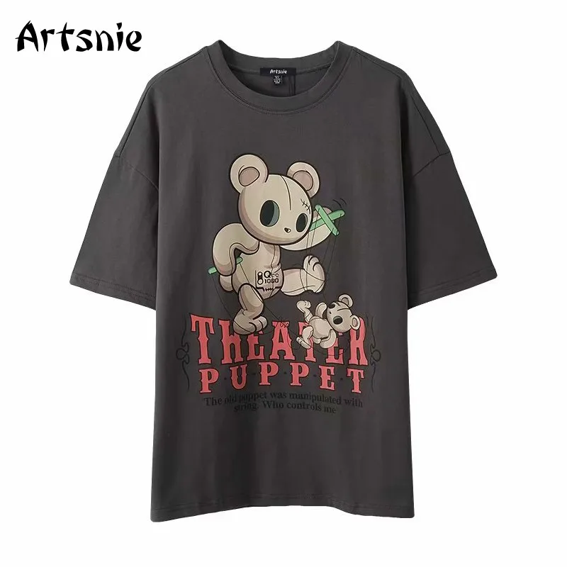 

Artsnie Summer 2021 Cartoon Print T-shirt Women O Neck Short Sleeve Tops Femme Streetwear Casual Dark Gray Oversized T-shirts