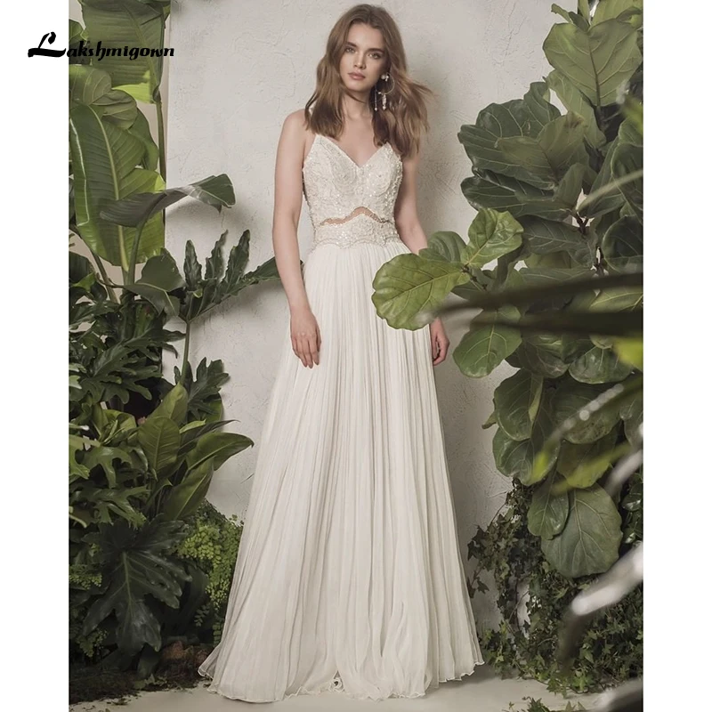 

2021 Bohemian Wedding Dress Chiffon Pleat Lace Appliques Bridal Gowns Sleeveless Spaghetti Strap Boho Beach france robes de bal