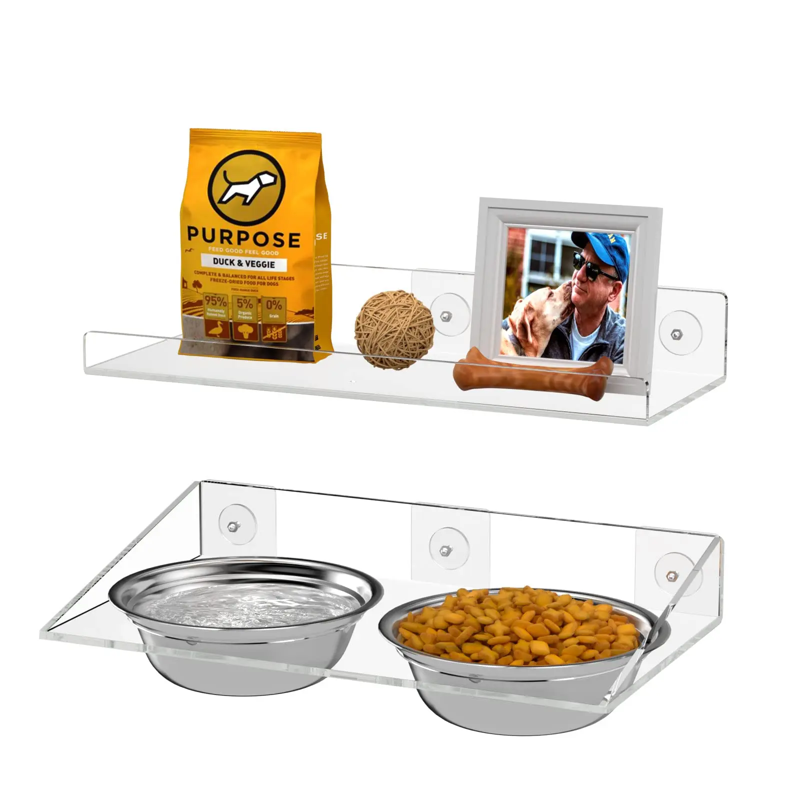 

Acrylic Elevated Dog Bowls Stand,Mounted Raised Pet Feeder with 2 Stainless Steel Dog or Cat Bowls and Storage Floating Shelf