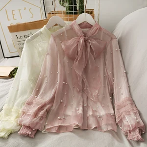 Осенняя женская блуза из органзы рубашка во французском ретро стиле с рукавами-фонариками и бантом