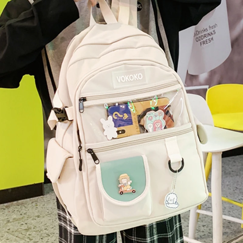 EnoPella Fashion College Student Cute Backpack Waterproof Women High Capacity Female Schoolbags Kawaii Men Black Cotton Girl Bag