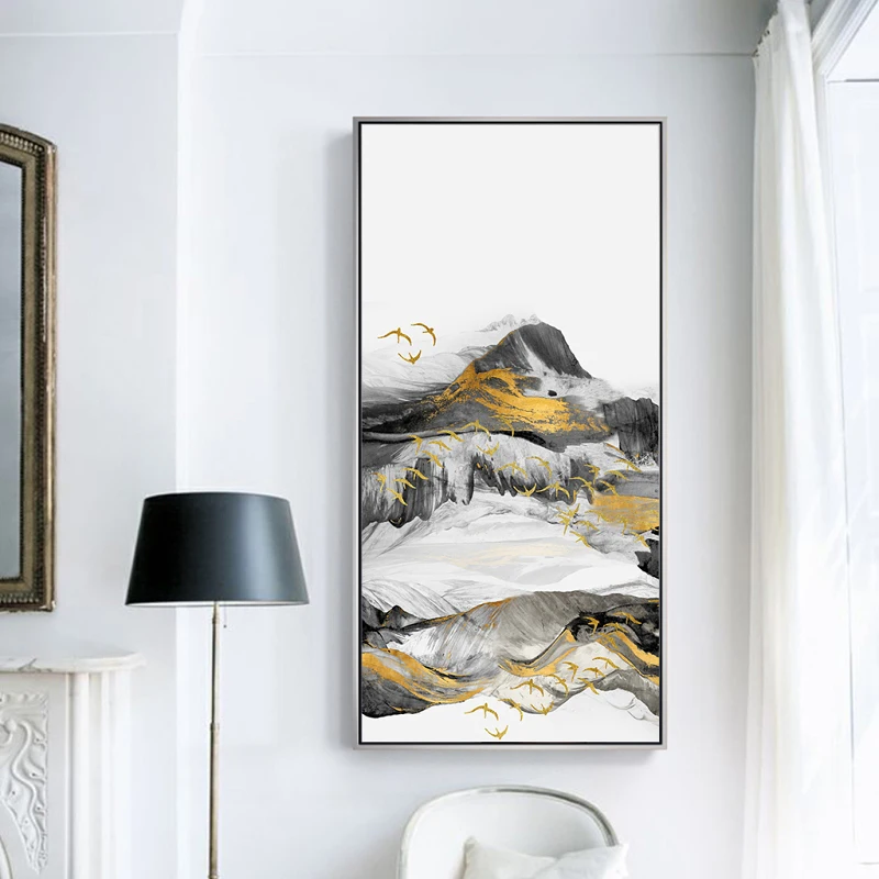 Китайские чернила брызги абстрактная золотая птица белая гора модульные картины