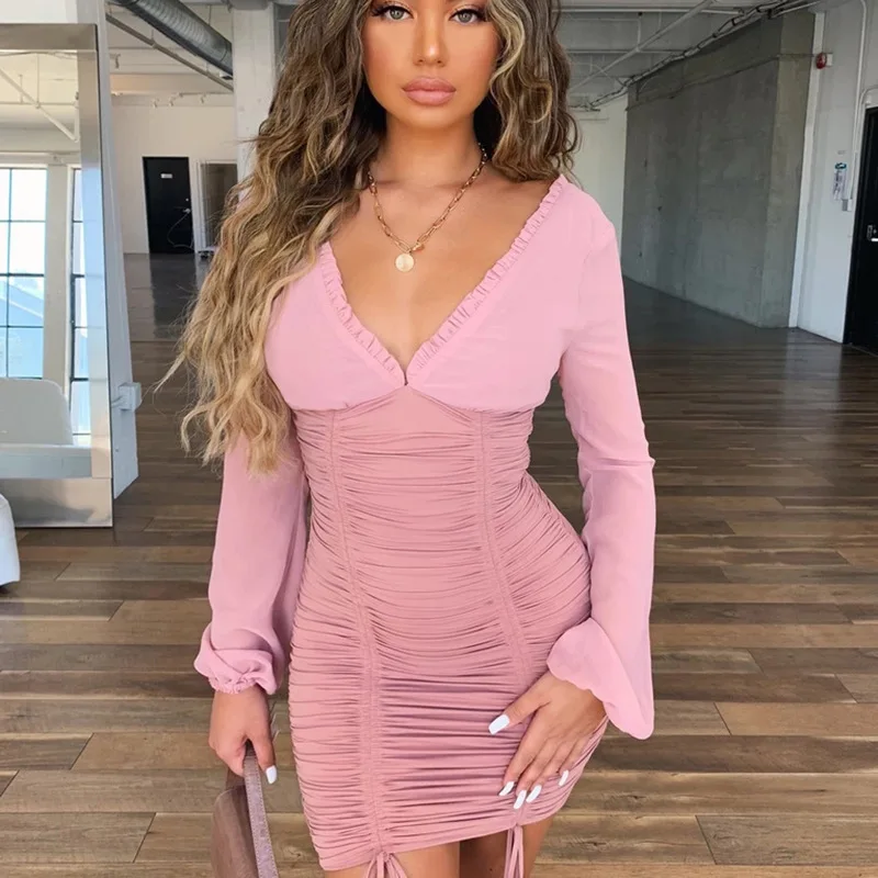 

European And American Autumn, Winter New Women Deep V Long-Sleeved Hip With Wooden Ears Nightclub Queen Style Sexy Dresses