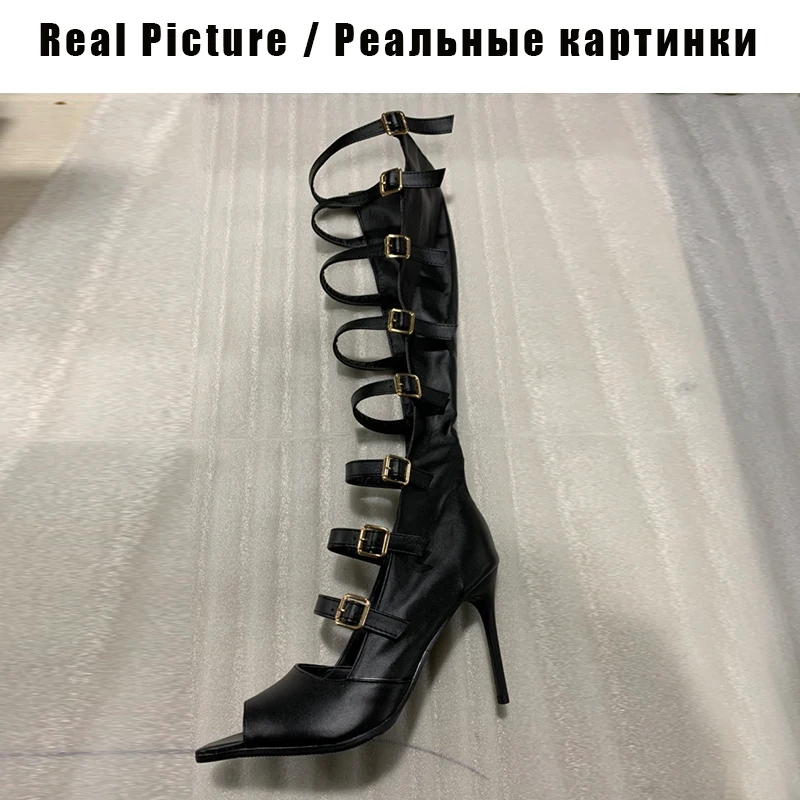 

GIGIFOX Stylish 2021 Lady Summer Sexy Knee High Sandals High Heels Gladiator Sandals Women Pointed Toe Summer Date Shoes Woman