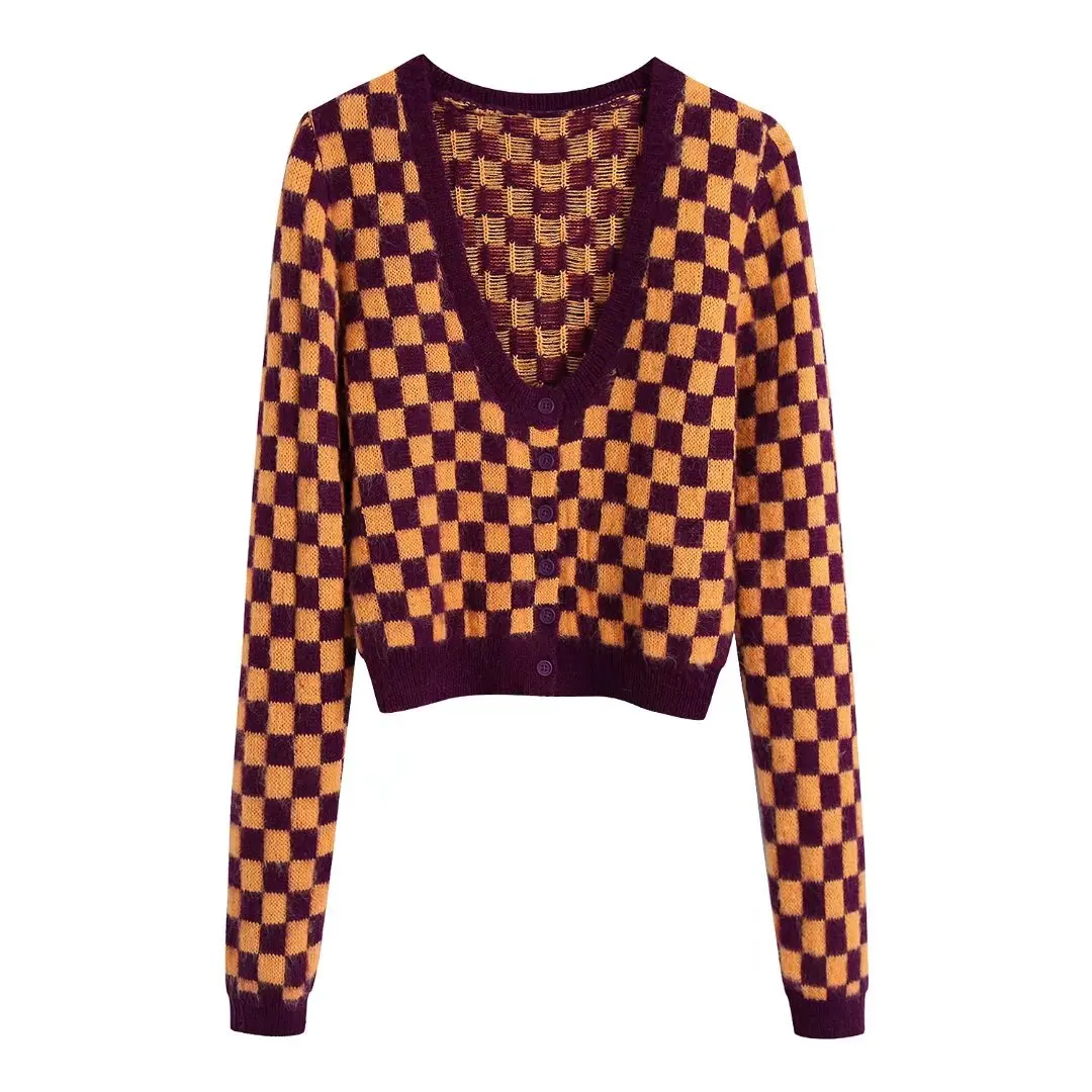 

Женский клетчатый свитер, свитера, Кардиган с длинным рукавом, женское укороченное зимнее пальто с круглым вырезом для женщин, кардиганы, То...