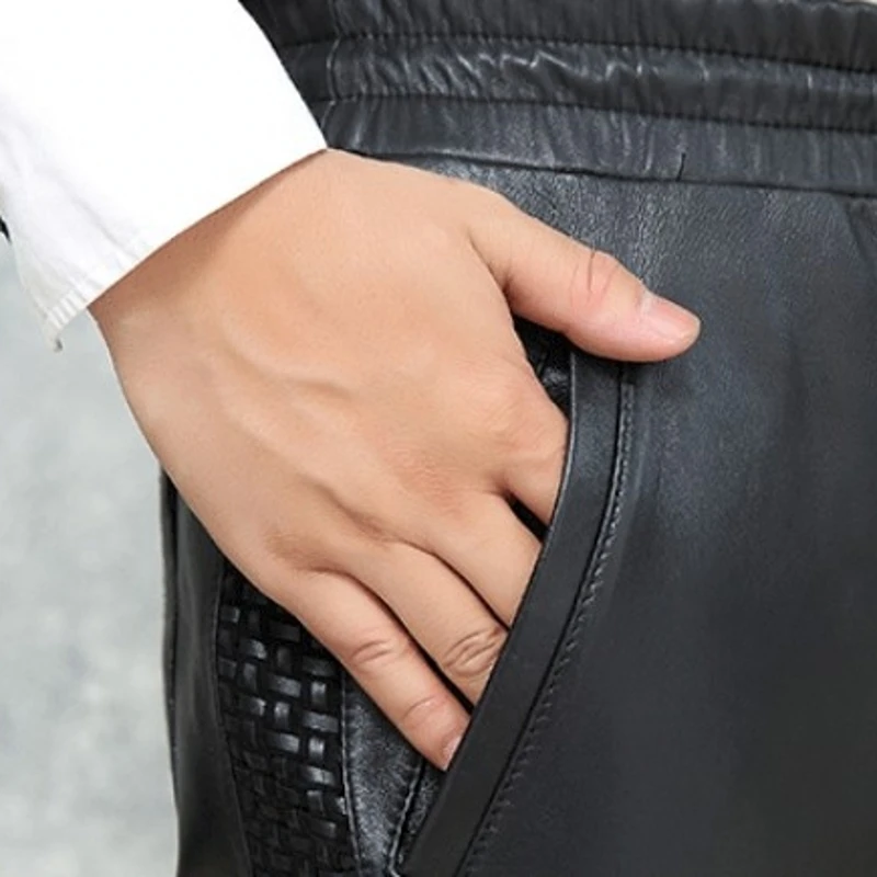 

New Man Loose Fit Harem Pants Genuine Leather Drawstring Elastic Waist Joggers Trousers Black Sheepskin Leather Pants Men