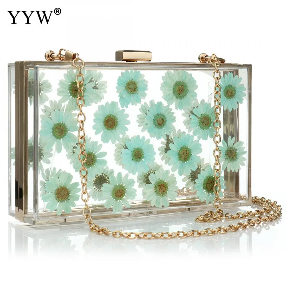 Women Bag Acrylic Clear Purse Transparent Hard Crossbody Bag Lucite See Through Handbags Evening Women Floral Clutch Bag