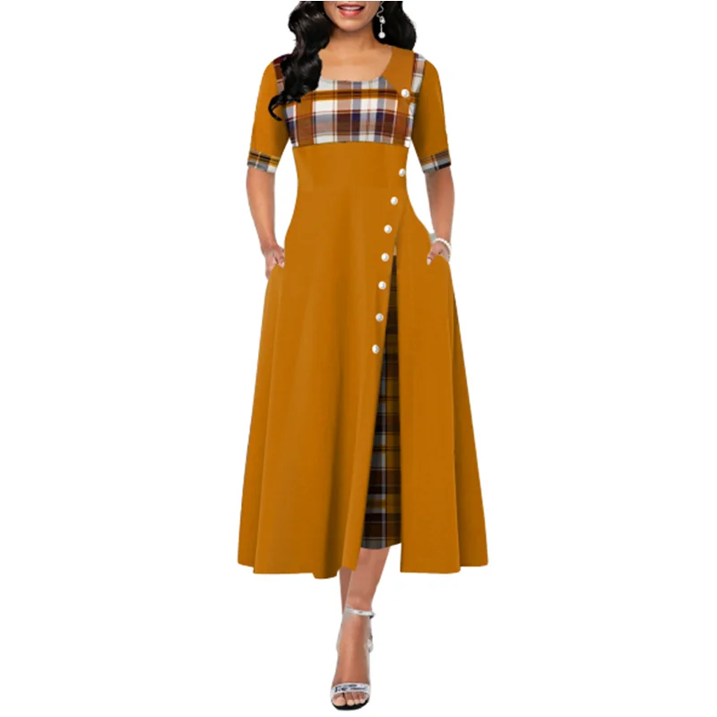 

Women Elegant Long Maxi Dress Vintage Plaid Print Party Dresses Irregular Patchwork Half Sleeve A-Line Button Dress Vestidos