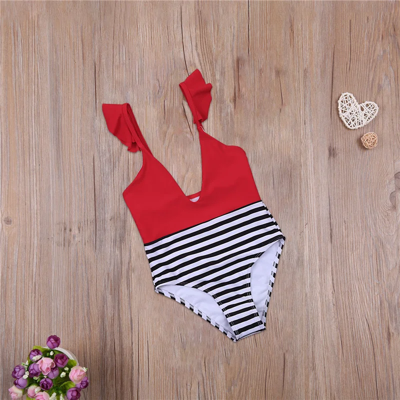 

Kid Baby Girl Bikini Swimsuit One-piece Ruffle Trim V Neck Backless Striped Pattern Bodysuit Swimwear Swimming Bathing Suit Bebe