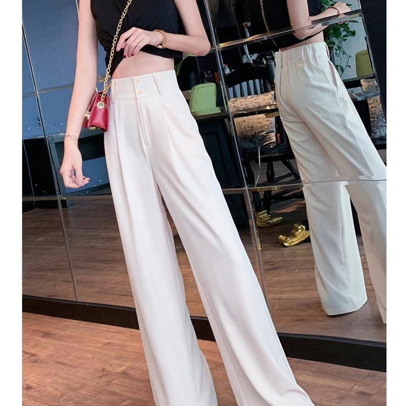 

Wenfly Women Elastic Waist Wide Leg White Suits Pants Female England Office Korean Loose Casual High Waist Long Trousers