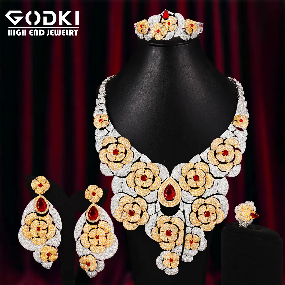 

GODKI Super Luxury 4PCS Rose Flowers Africa Cubic Zirconia Set Jewelry Set For Women Wedding Cubic Zirconia Dubai Bridal Set