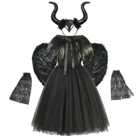 maleficent black gown halloween costume gothic dark witch queen girls tutu dress with feather cape shawl
