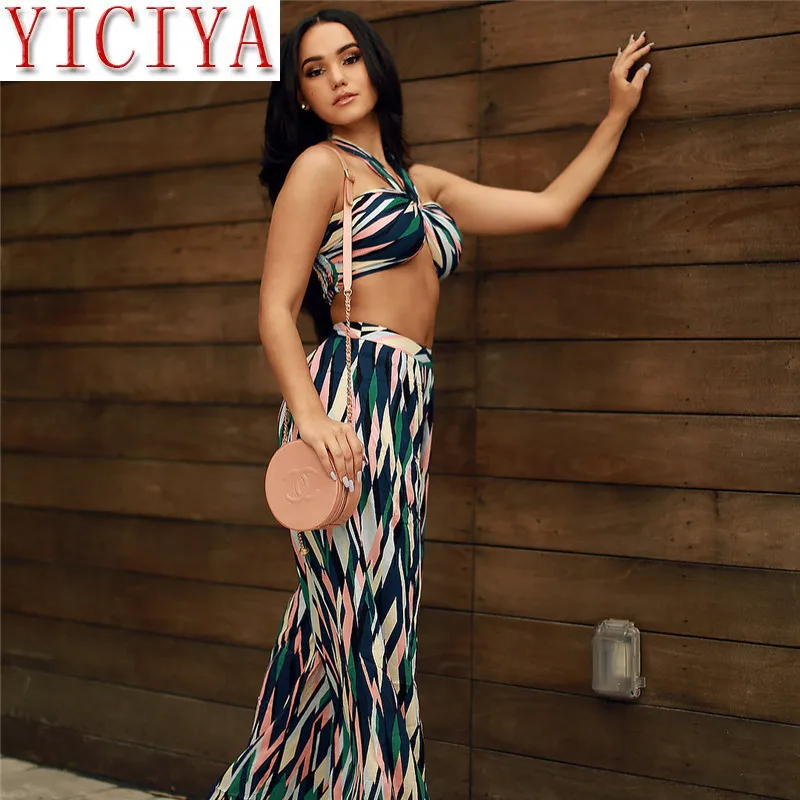 

Sexy 2 Pieces Women 2020New Nightclub Fashion Halter Set Full Bikini Flare Pants Women Chiffon Novelty Set sexy women outfits