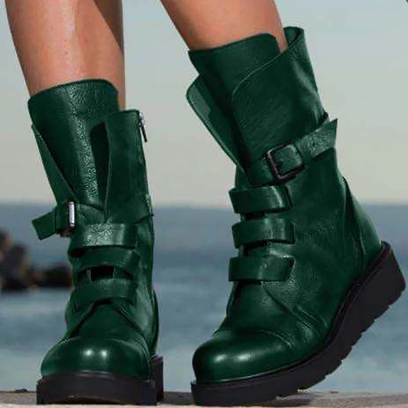 

New Fashion Women Cool Buckle Motorcycle Boots Wedges Casual Cool Mid Calf Women Boots Designer Brand Autumn Winter Shoes Woman