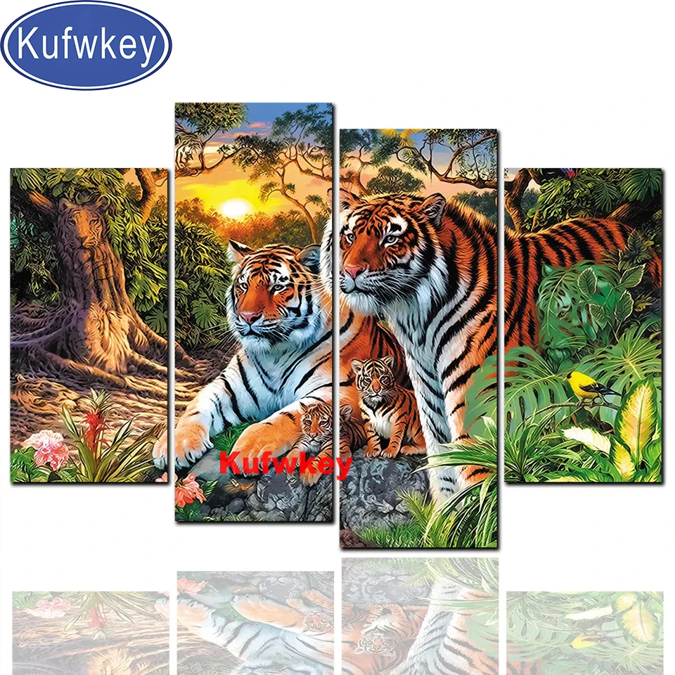 

Full,Round Diamond painting 5 Piece,Abstract Tiger Family picture of rhinestone jungle Animals paintings,mosaic full embroidery,