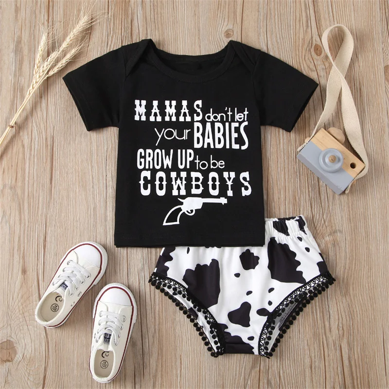 

2Pcs Newborn Infant Baby Girls Pure Cotton Outfit Toddlers Cute Summer O-Neck Short Sleeve Letter Top & Cow Print Lace Shorts