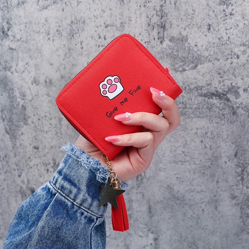 

Fashion Women Card Wallet Pu Leather Credit ID Passport Holder Girls Students Cute Cat Paw print Card Case Zipper Coin Purse