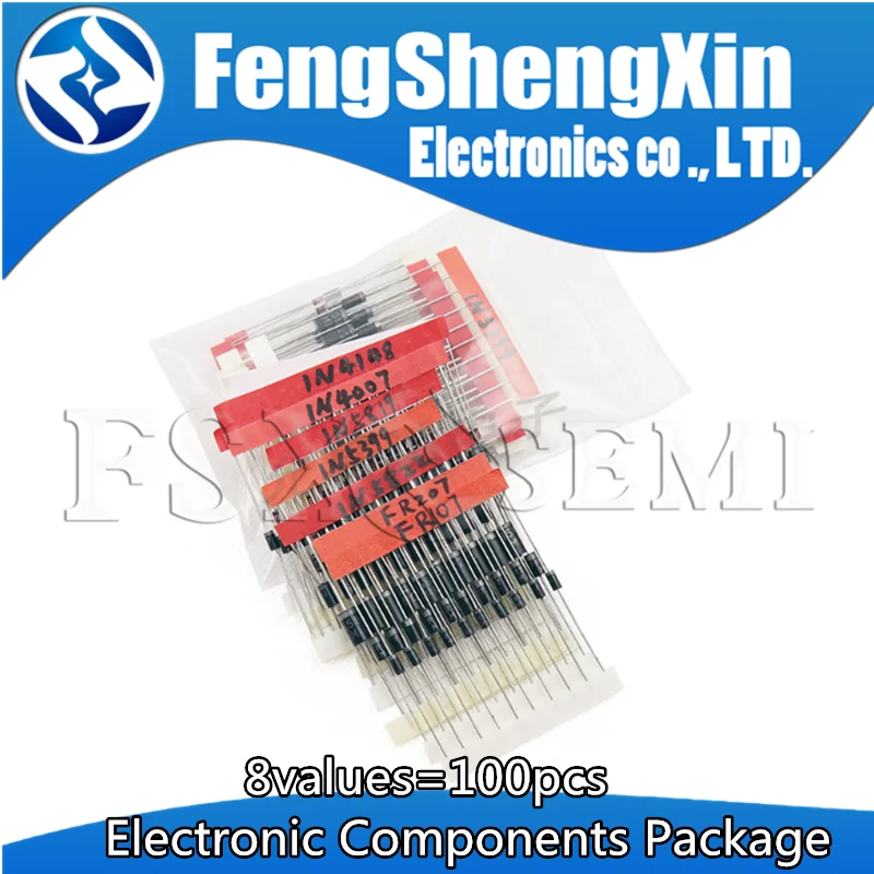 8values = 100pcs Electronic Components Package Diode Assorted Kit 1N4148 1N4007 1N5819 1N5399 1N5408 1N5822 FR107 FR207 New