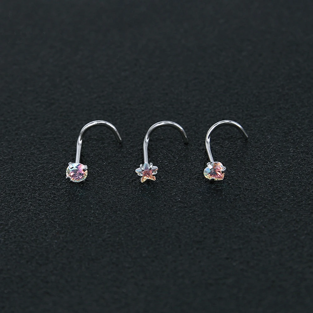 

3pcs/lot Stainless Steel Nose Stud Set Round Heart Star CZ Crystal Nose Piercings L Shape Nostril Piercing Jewelry Gift