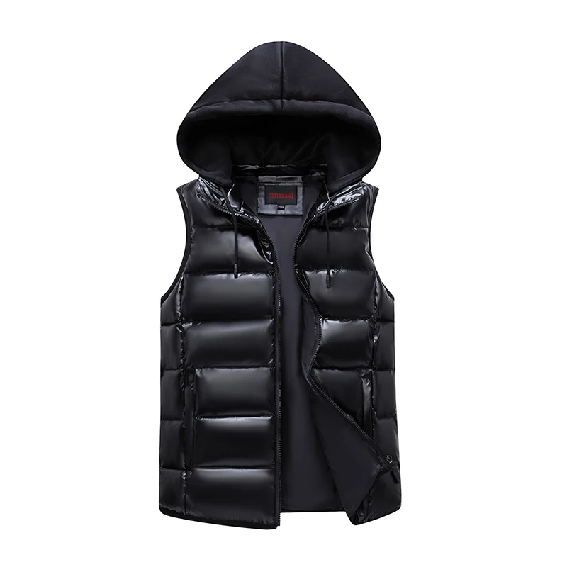 

Glossy Women Sleeveless Jacket Hooded Solid Ladies Casual Puffer Vests Winter Cotton Padded Black Color Waistcoat for Female