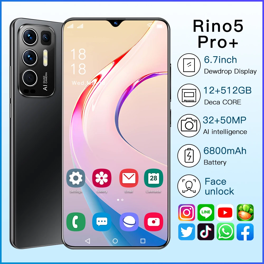 

Rino5+ Pro Smartphones 6800mAh 6.7Inch 16+512GB Face Fingerprint Mobile Phones 32MP+50MP HD Camera Android11 Dual SIM Cellphones