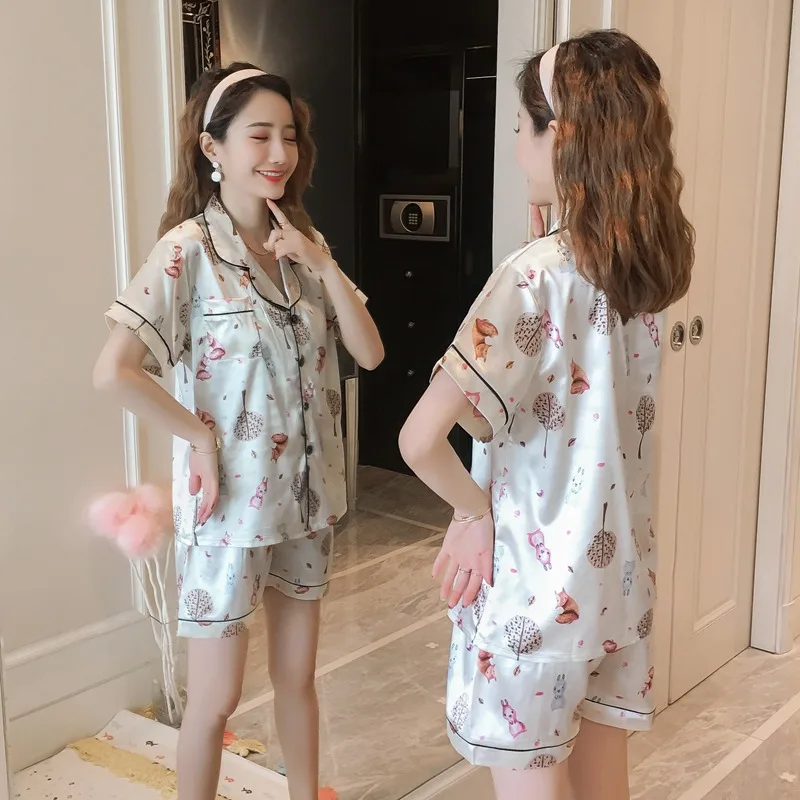 

2021 Pyjamas Women Full Sleeve Faux Silk Satin Pajama Sets Cartoon Bear Cherry Tree Short Sleeves Pajamas For Women Sleepwear
