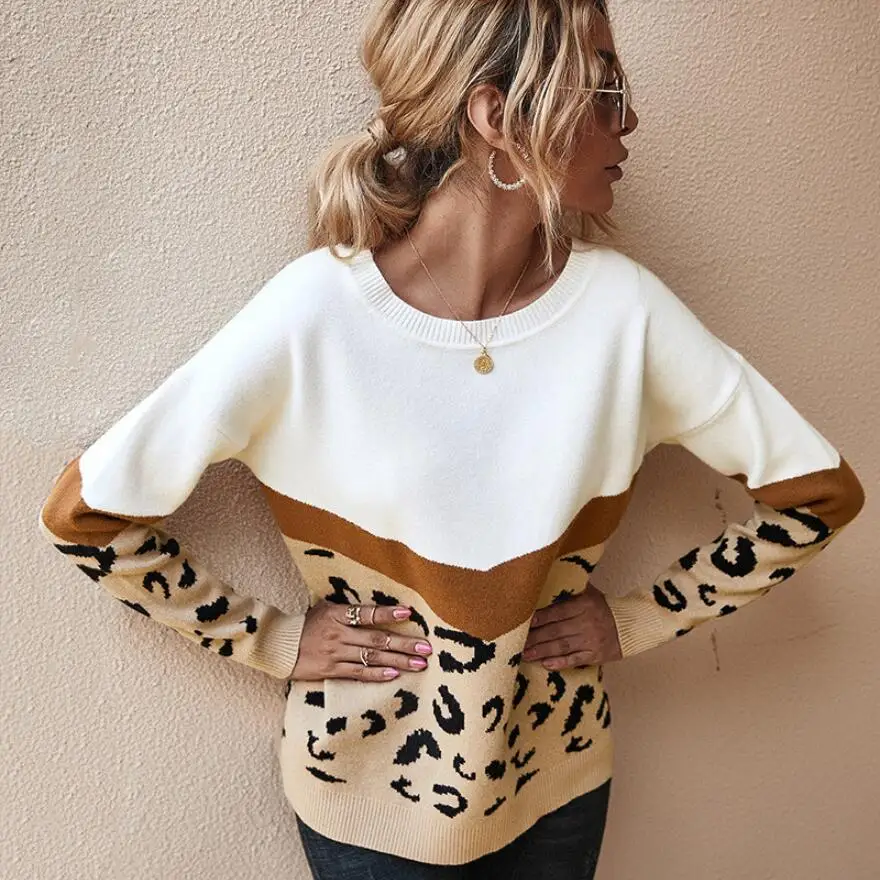 

Fashion Leopard Women Sweater Autumn Winter Ladies O-Neck Full Sleeve Casual Jumper Knitted Female Oversize Pullovers
