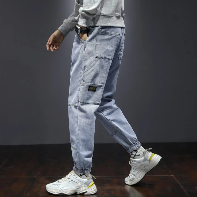 Джинсы шаровары мужские свободного покроя модные брюки из денима с карманами