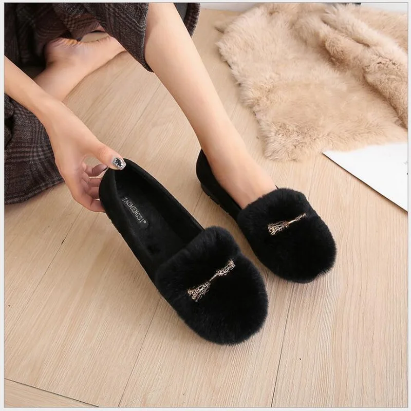 rabbit Fur Loafers Women Winter Plush Flats Slip On Warm Shoes Lady metal Buckle Moccasins Womens Comfortable Cotton Shoes
