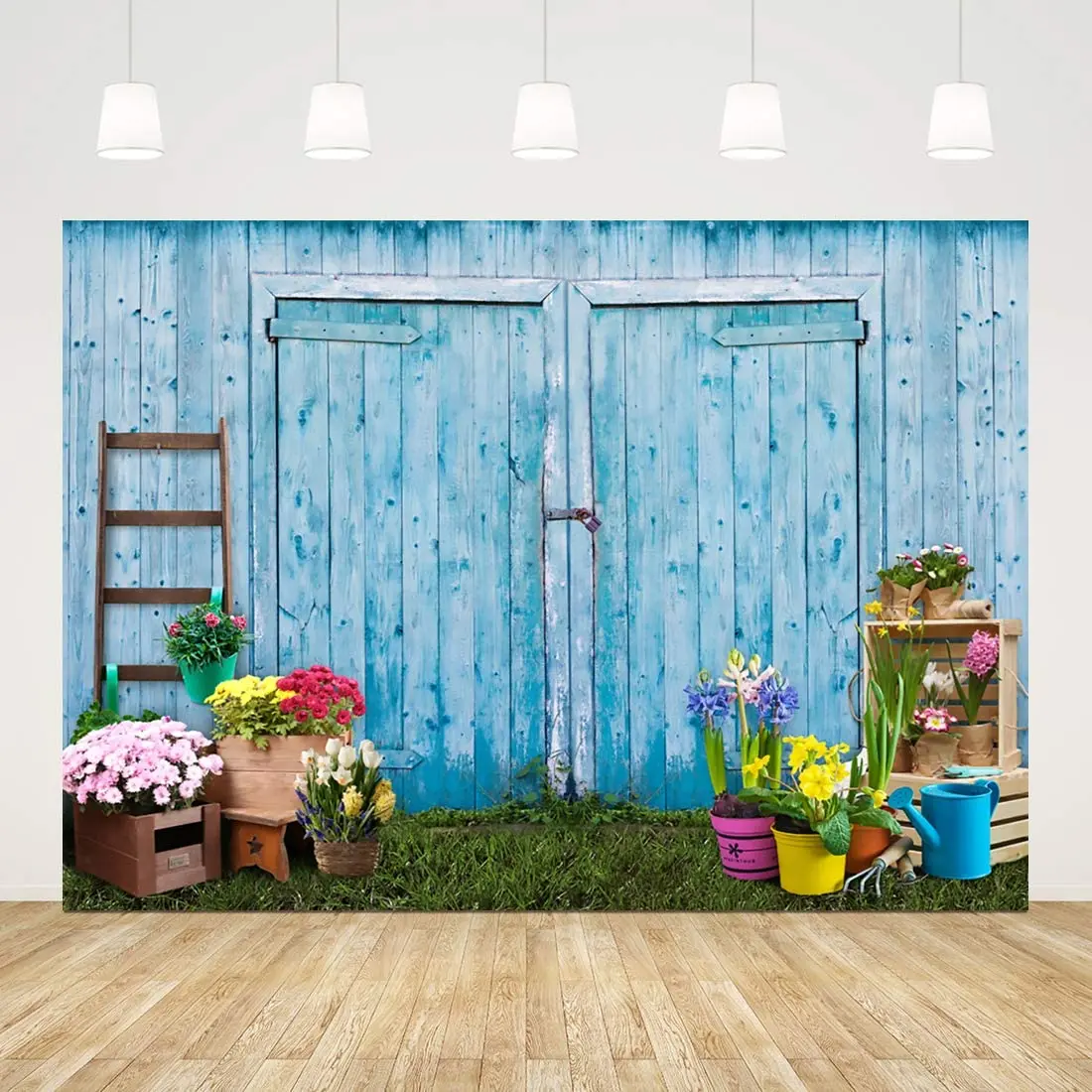 

Rustic Blue Wooden Door Wedding Garden Baby Shower Photography Backdrop Grassland Floral Background Bridal Party Decor Banner