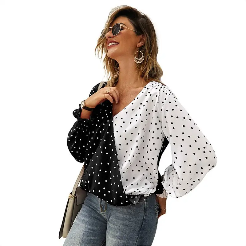 Женская сексуальная однотонная Лоскутная футболка в горошек с v-образным вырезом