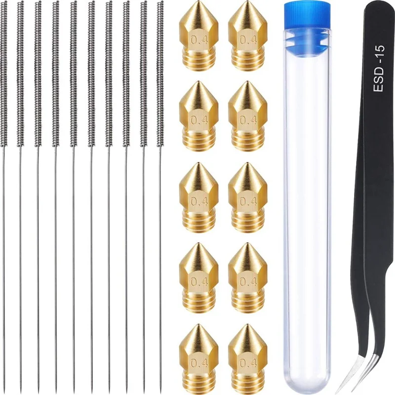 0.4 mm Mk8 Nozzle +10 Package 0.4 mm Needle + 1pcs Tweezers Tool Kit Stainless Steel Nozzler Cleaner Suitable For MK8 Makerbot