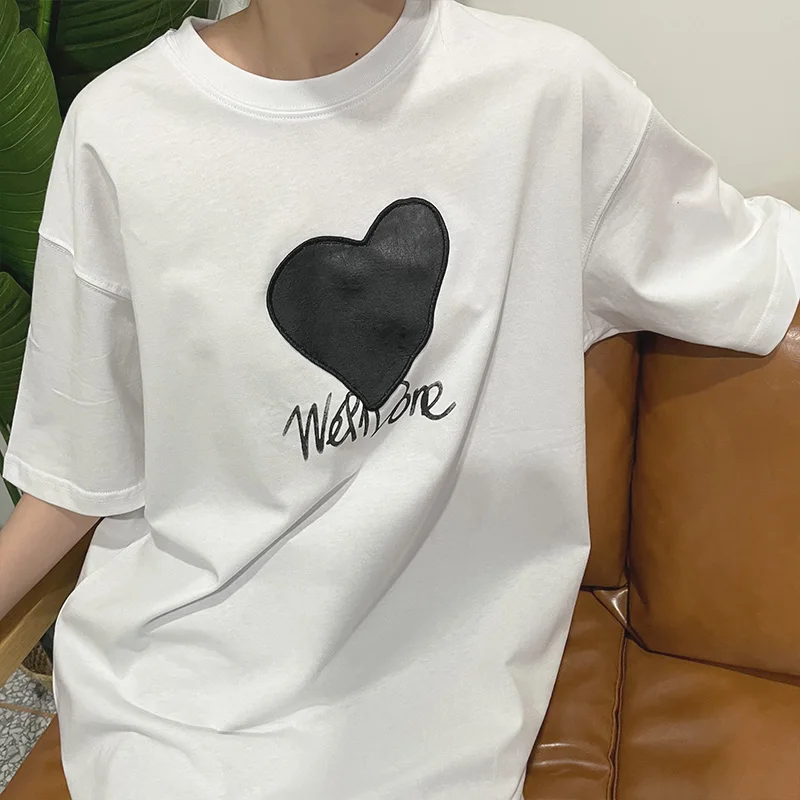 

Printed top female peach heart letter couple short sleeve T-shirt for men and women 100% Cotton blooms women's dresses 2021