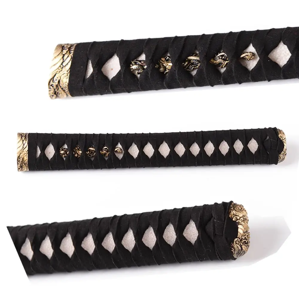 Shijian Swords High Grade Tsuka Handle For Katana Real Leather Ito Wrapped Tsuka Assembled with Brass Fitting 26 CM Black Handle
