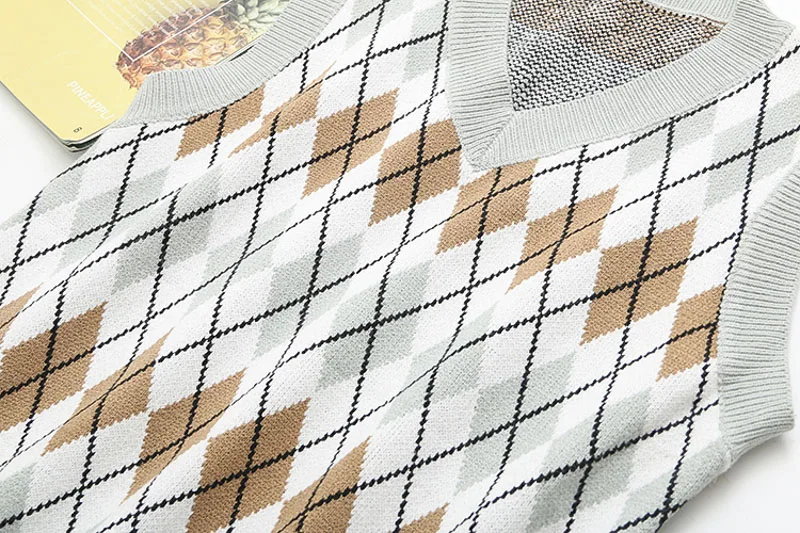 Preppy Style Argyle Contrast Colors V Neck Knitted Vests Women Casual Sleeveless Oversized Sweater Pullovers Waistcoat | Женская одежда