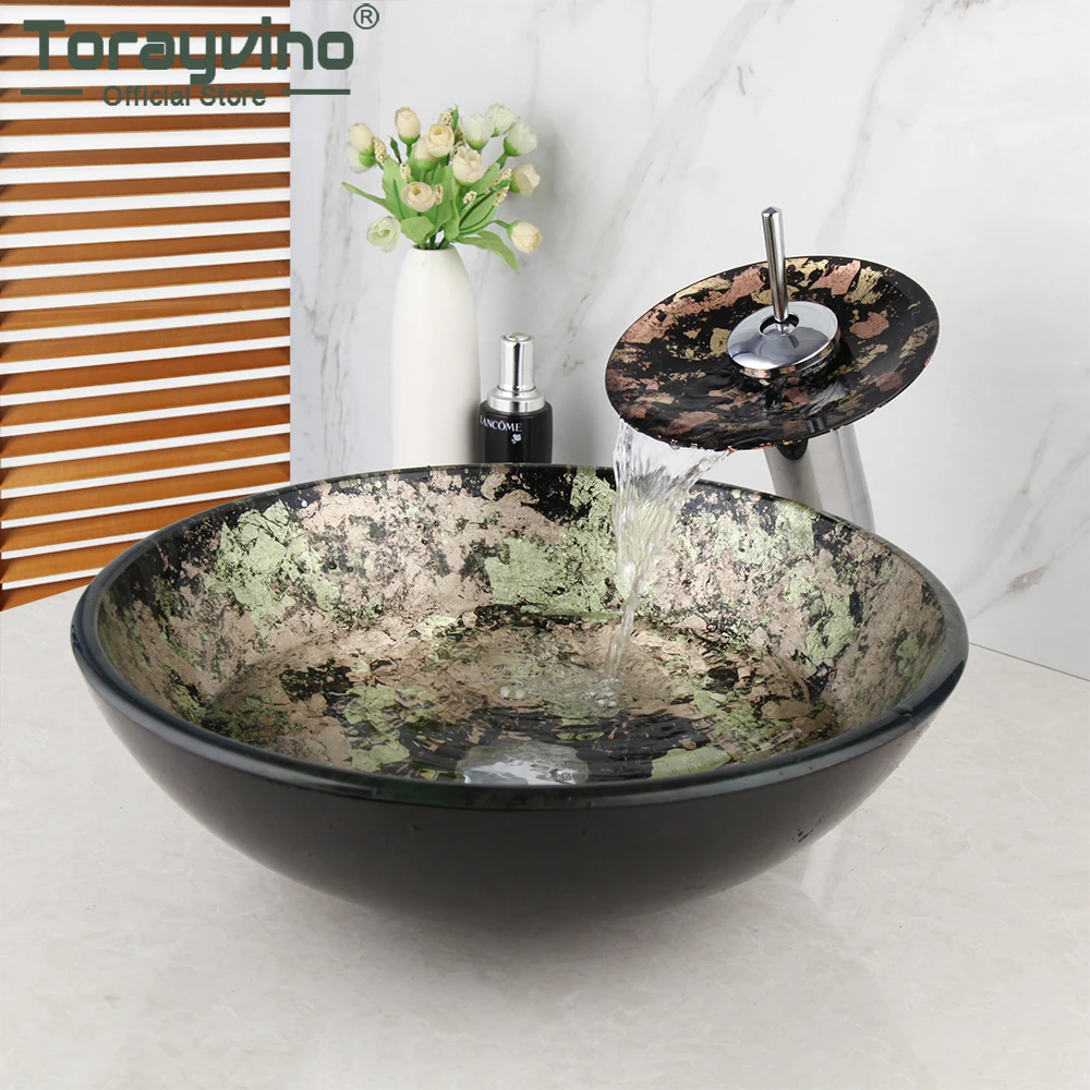 

Torayvino Round Tempered Glass Hand-Painted Bowl Tap Lavatory Bathroom Sink Waterfall Spout Faucet Mixer Water Tap Combo Kit