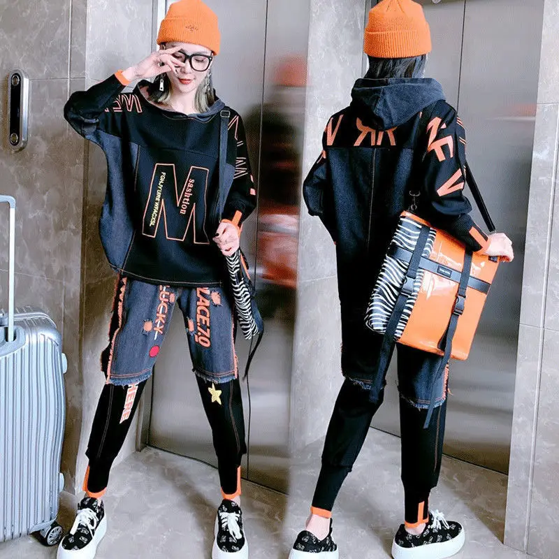 

Fall 2021 Long Sleeve Trousers Casual Denim Suit Women Loose Hooded Street Fashion Autumn Personalized Hip Hop Jeans Suit