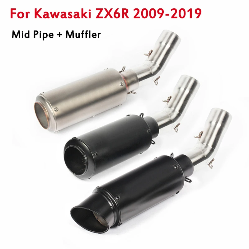 For Kawasaki Ninja ZX6R 2009-2019 Delete Catalytic Converter Mid Link Pipe Connect Tube + 51mm Exhaust Pipe Muffler Tips Slip On