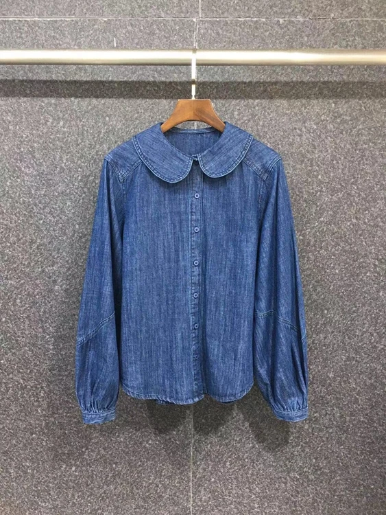 

Новинка 2021, Модный женский джинсовый топ с оборками и отложным воротником, украшенный длинными рукавами, подходящий ко всему, 1030