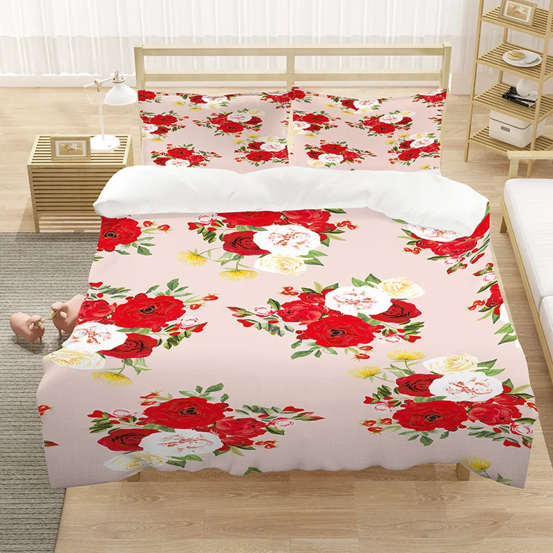 

3D Rose Quilt Cover Sets Custom Design White Comforther Cases Pillow Sham King Queen Single Twin Size Flower Beddings