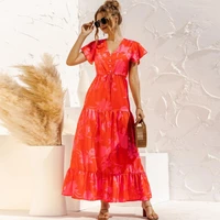 boho summer dress ladies v neck floral print button lace up maxi dresses for women sexy short sleeve ruffles party robe new 2021