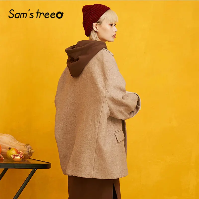 SAM'S TREE Camel, женские блейзеры в минималистическом стиле, осень, лоскутный рукав, чистый, двусторонний, шерстяные, накладные, женские пальто