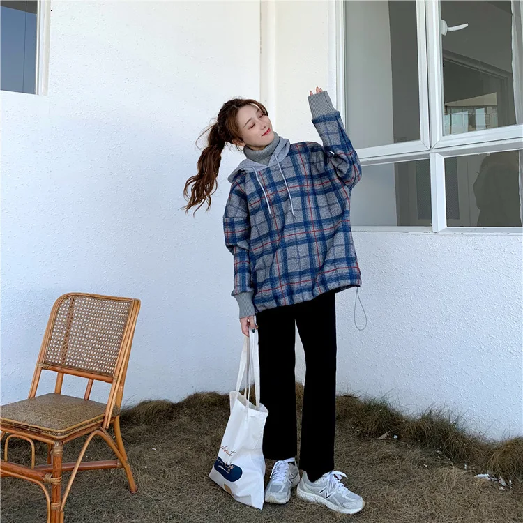 Клетчатая утепленная толстовка с капюшоном для женщин осенняя Повседневная модная клетчатая Harajuku пуловер Женский абрикосовый синий Свободный Топ большого размера