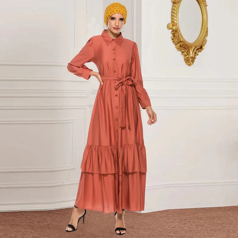 Мусульманское платье Дубай Турция элегантное модное с отворотом и поясом