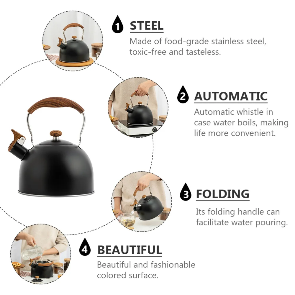 

1pc 2.5L Wooden-handled Whistle Tea Kettle Kitchen Water Boiling Kettle
