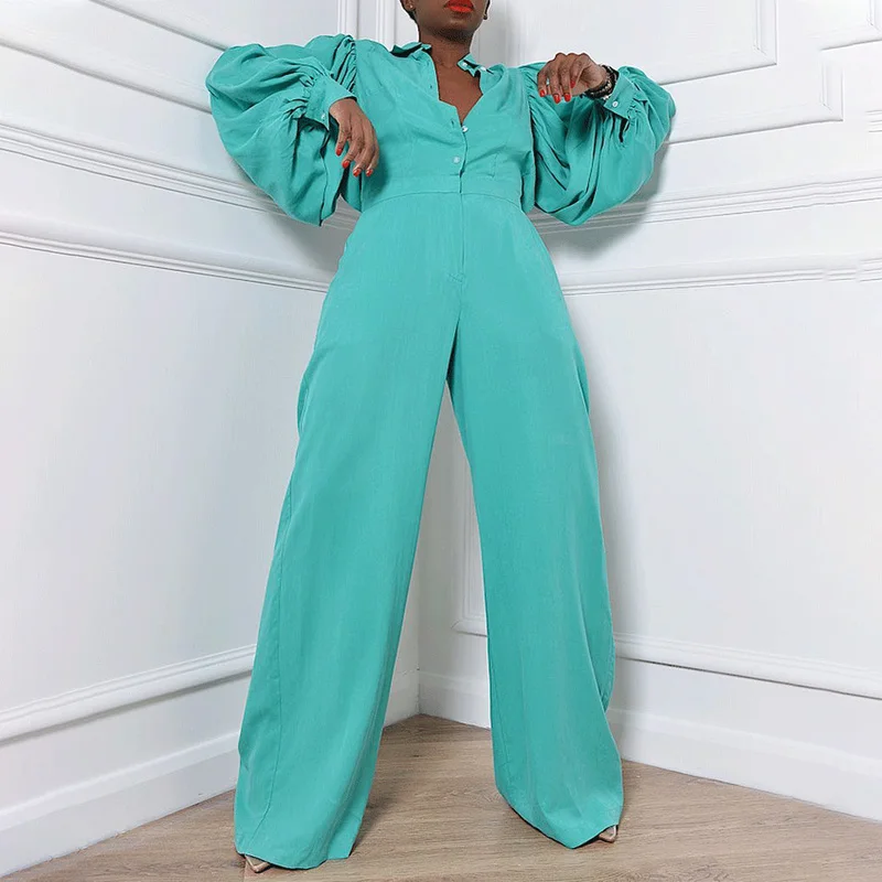 

Women Wide Leg Jumpsuits 2021 Chic Lantern Sleeve Turn Down Collar Oversize Jumpsuits Streetwear Boho Ankara African Rompers