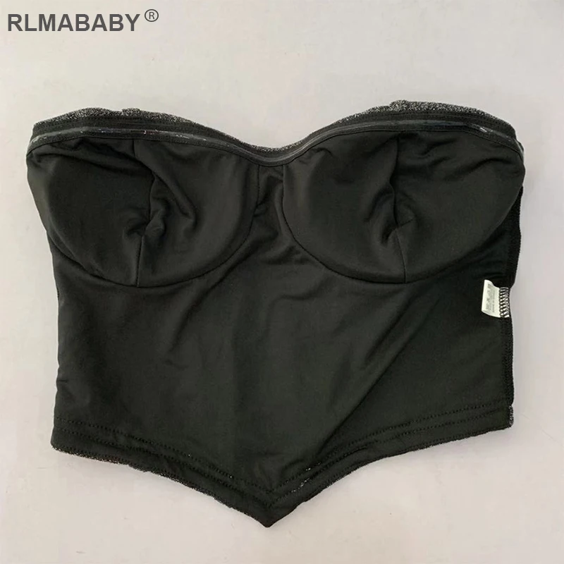 Сверкающий пикантный женский укороченный топ RLMABABY без бретелек с открытой
