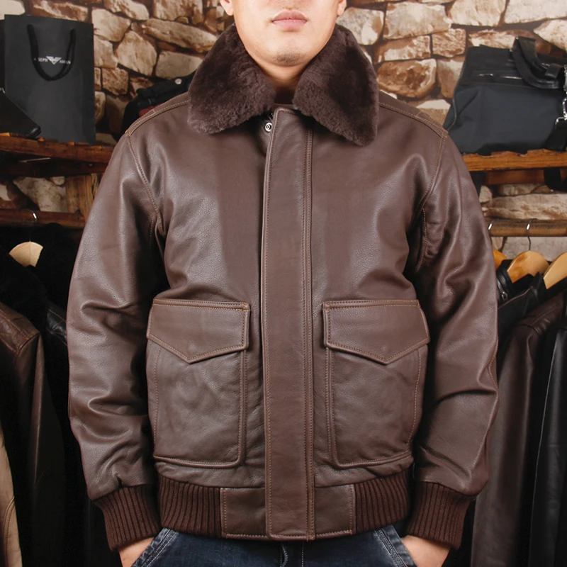 

collar genuine Wool cow coat men cowhide air force casual leather motorcycle rider jacket big size Winter Coats